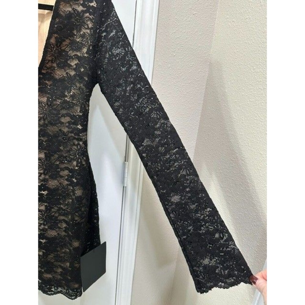 NWT Lulus Black Lace Sequin Bodycon Mini Dress Nude Lined Long Sleeve Plunge - Picture 4 of 12